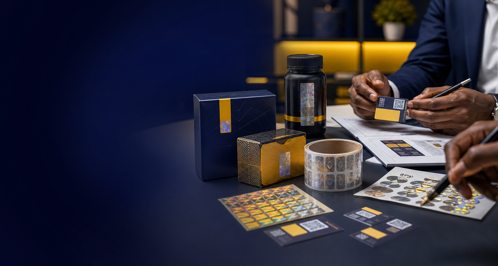 Secure packaging consultation with authentication labels and hologram samples