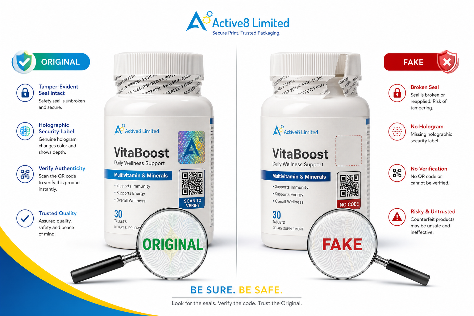 Comparison of original and fake product packaging with security seal verification