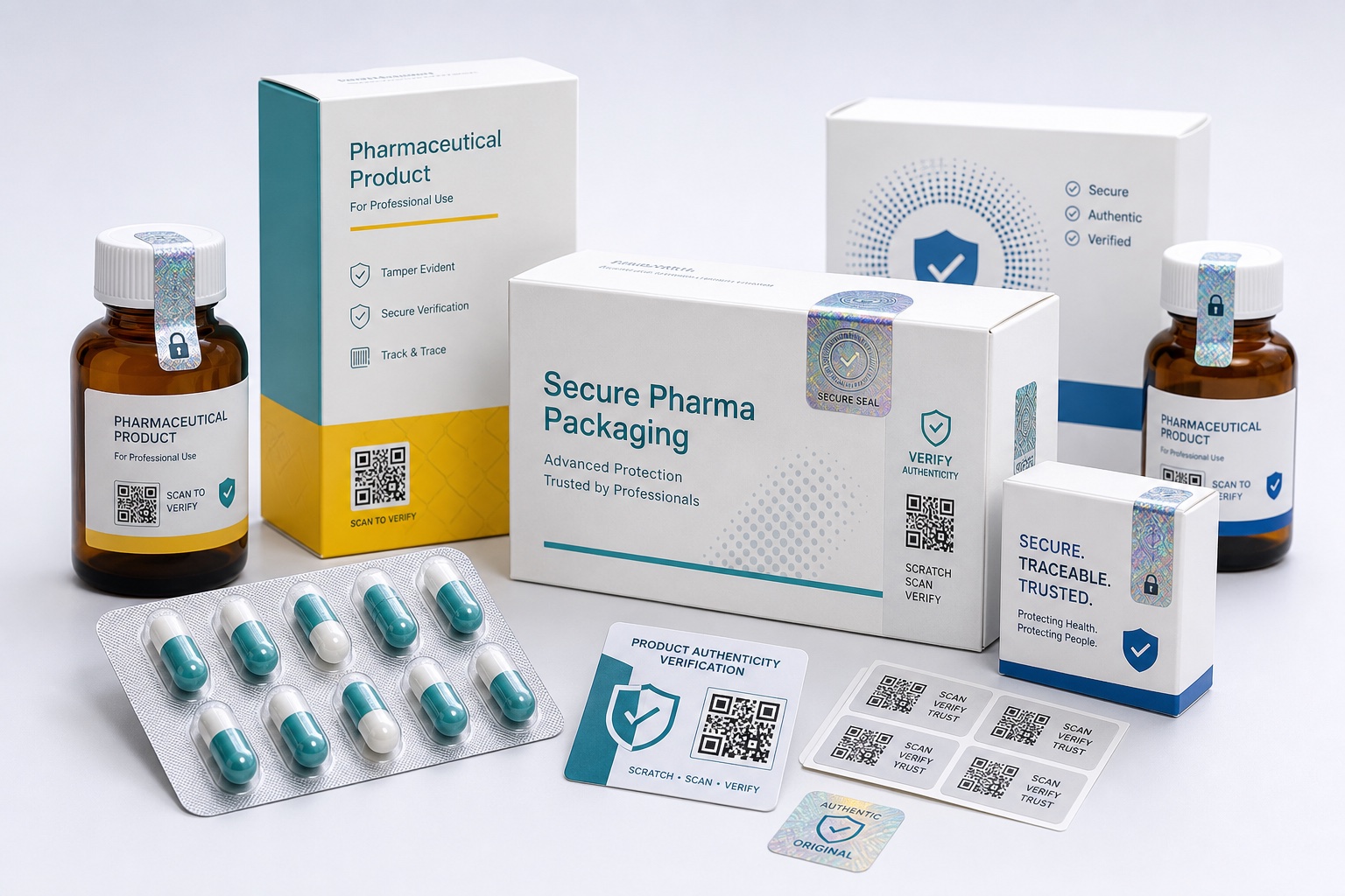 Pharmaceutical packaging with serial QR authentication and tamper-evident seals